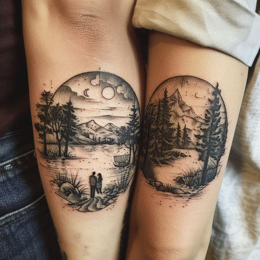 Matching sister tattoos of surreal landscapes