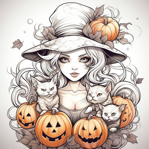 Festive Witch with Pumpkins Coloring Page