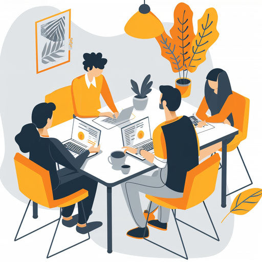 Professional image layout with diverse team collaborating in a meeting room