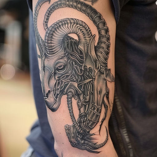 Biomechanical style black sheep tattoo, combining organic and mechanical elements, on white