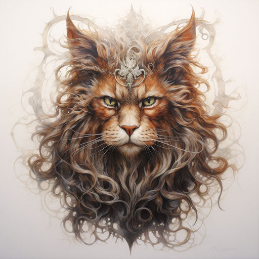 A long haired curly horned cat on a white background, in the style of massurrealism, masculine, French realism