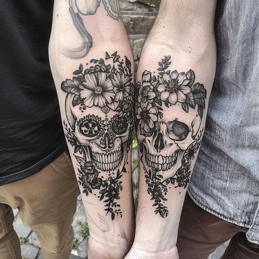 Brother and sister tattoos of a floral skull