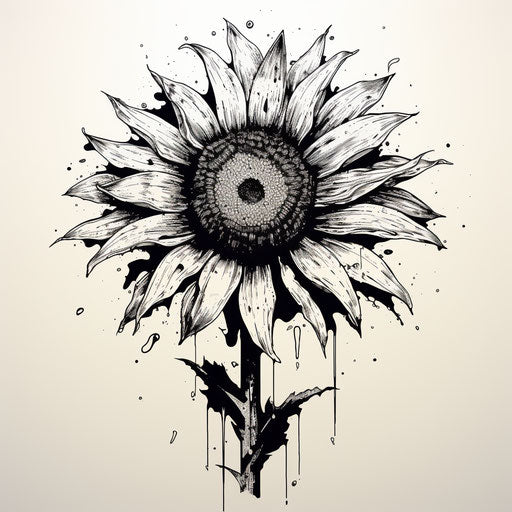 Black and white sketch of a big sunflower, in the style of flowerpunk, graphic
