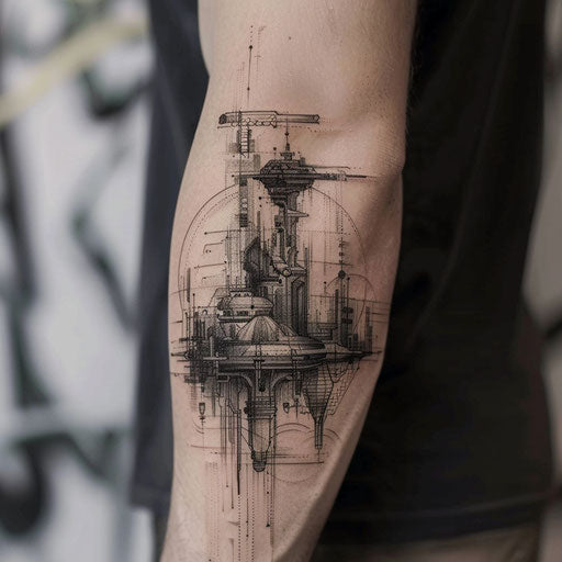 Small tattoo of a futuristic cityscape, J.P. Targete style
