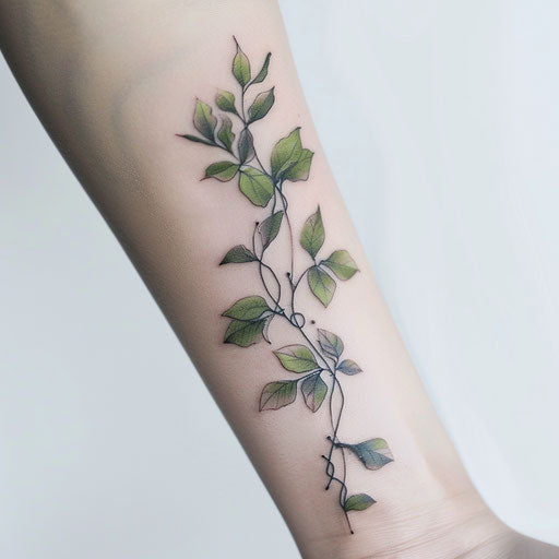 Minimalist vine tattoo concept with subtle green and black shades, showcasing delicate leaves on a white canvas