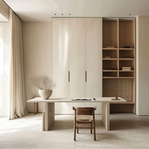 Minimalist home office with white and beige tones