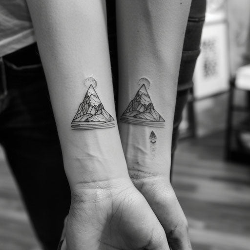 Matching minimalist mountain tattoos, in the style of Steve Sack, on the forearm