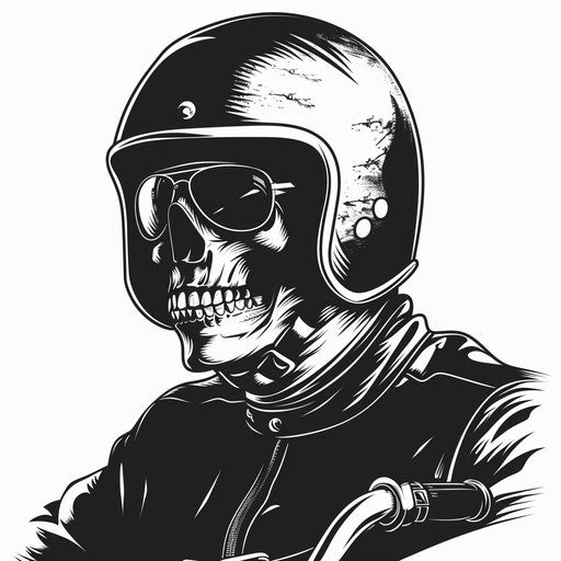 Biker with Skull Helmet, Bold Flat Tattoo Sketch in Black and Gray Shades