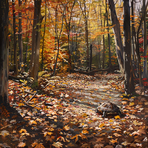 Sun-dappled forest with wood turtle among autumn leaves
