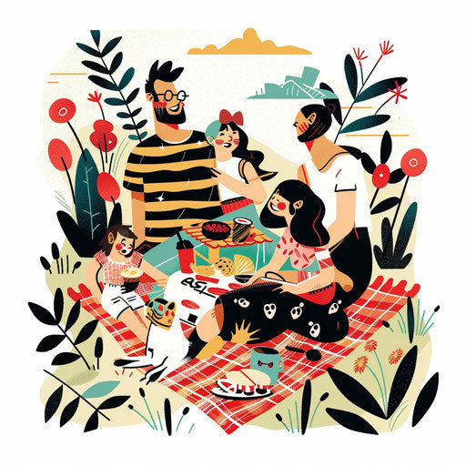 Family picnic scene with dog, colorful