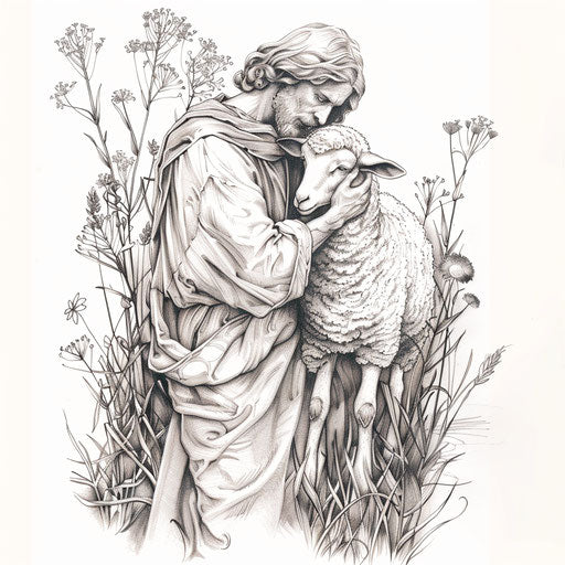 Flat tattoo sketch pastoral clipart style of the Good Shepherd, tender and protective