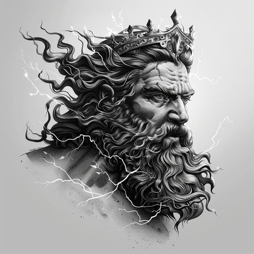 Portrait of Zeus with a lightning crown in black and grey