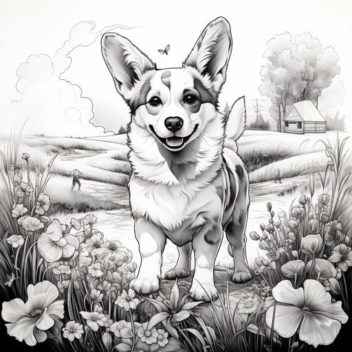 Corgi puppy walking in the meadow black and white