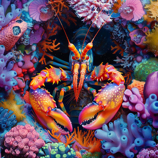 Colorful mantis shrimp among vibrant coral