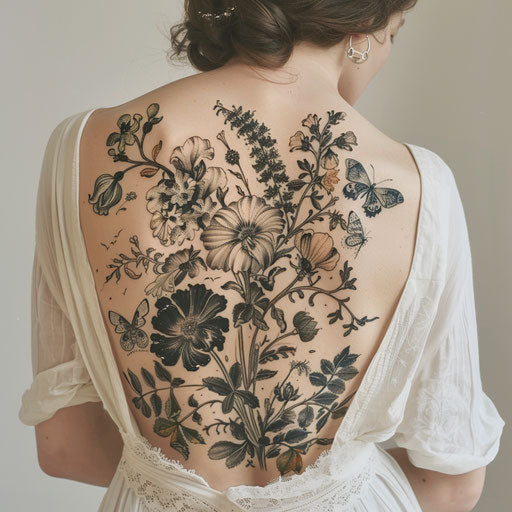 Botanical-themed back tattoos for women with flowers and butterflies