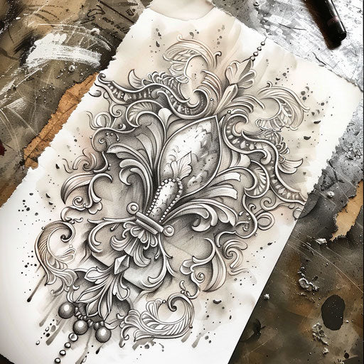 Elegant sketch of a fleur de lis tattoo with lace details and soft grey shading