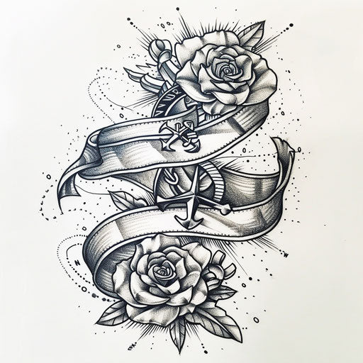 Nautical ribbon tattoo sketch with anchors and compass roses intertwined