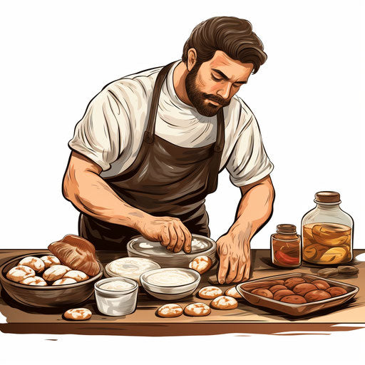 Baking illustration in the style of Chiaroscuro Art, on white background