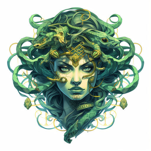 Medusa head with green snakes, organic geometric style, solarpunk