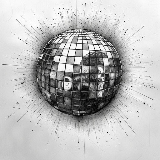 Monochrome disco ball tattoo sketch with intricate shading and depth