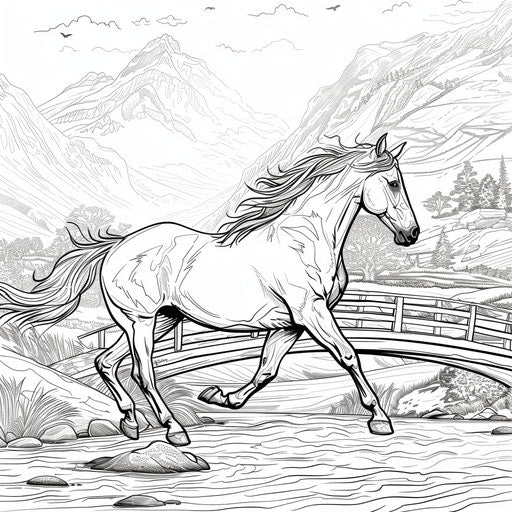 Horse galloping on a bridge with mountains in the background