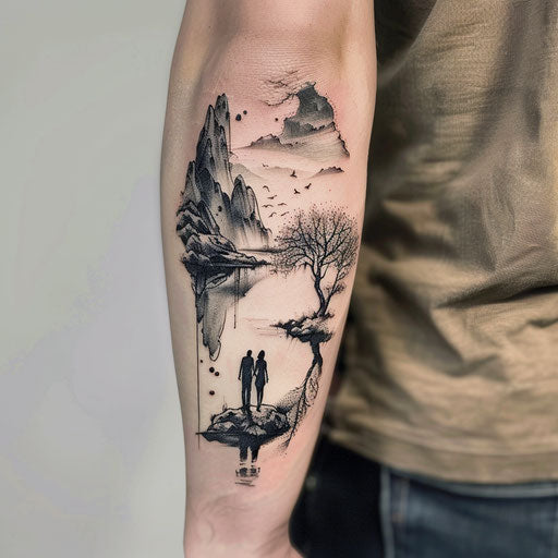 Couple tattoo of surreal landscape with two meeting figures, in David Palumbo style