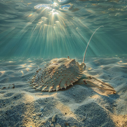 Horseshoe crab gliding on sunlit seafloor