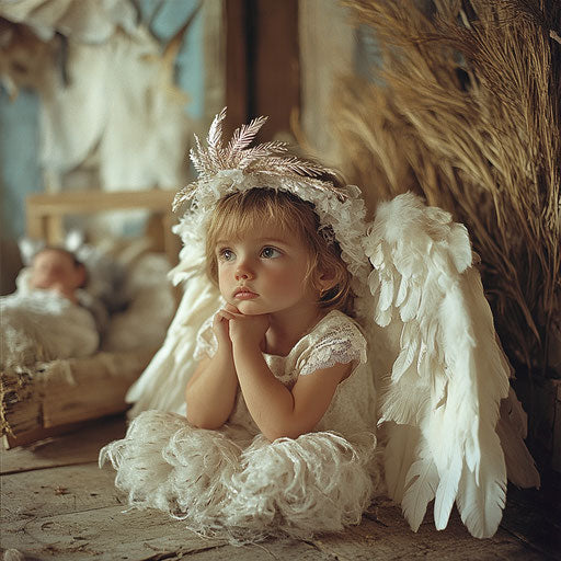 Young child dressed as angel, white feather wings by nativity