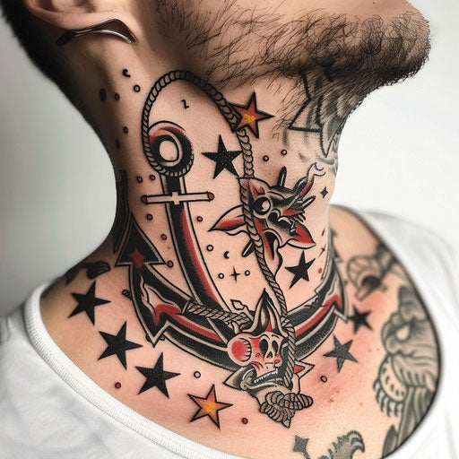 Men's neck tattoo with classic anchor and nautical stars