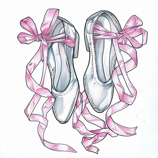 Conceptual drawing of ballet shoes with pink ribbons on white