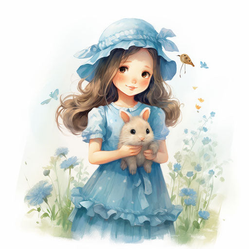 Girl in blue dress, cute and dreamy style, colorful drawings