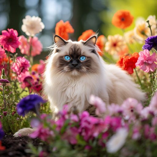 Himalayan cat in flower bed with beautiful flowers