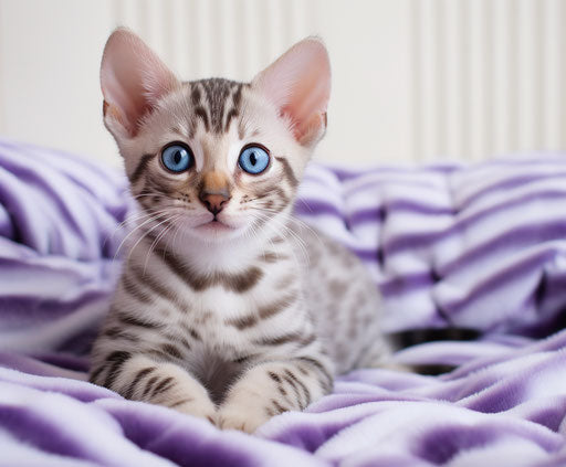 Bengal kitten on bed, gray and blue, silver and beige, velvety textures