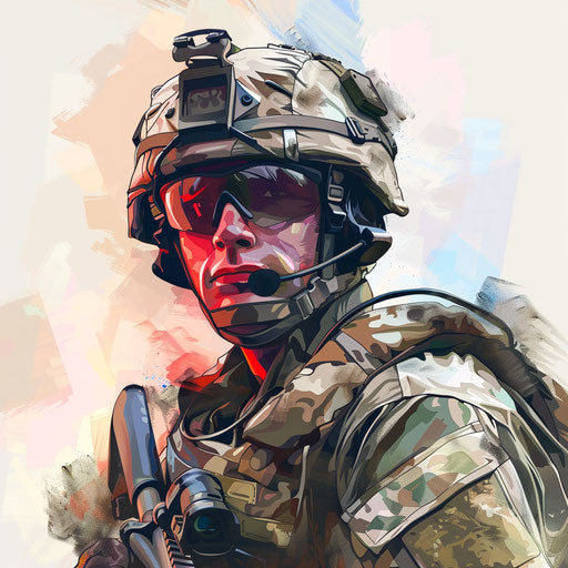 Soldier clipart in photo realistic style with a flat random background, vibrant tones and enhanced clarity