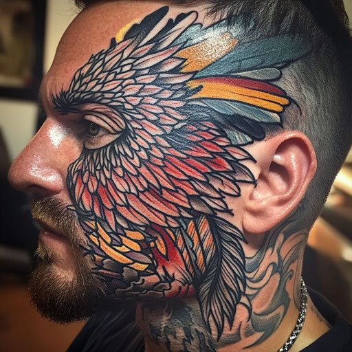 Men's face tattoos with a bold eagle feather