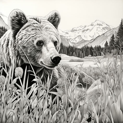 Bear in the grass in the winter coloring page