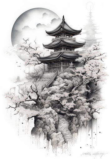 Japanese symbols tattoo design with architectural drawing style