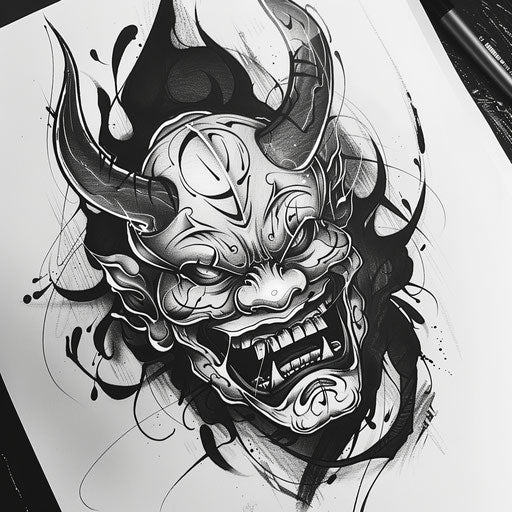Flat tattoo sketch of a Hannya mask with bold style and dark shading