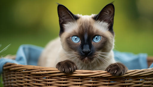 Siamese cat in basket on bed