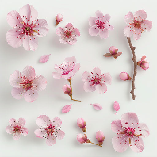 Realistic cherry blossom clipart on white flat background
