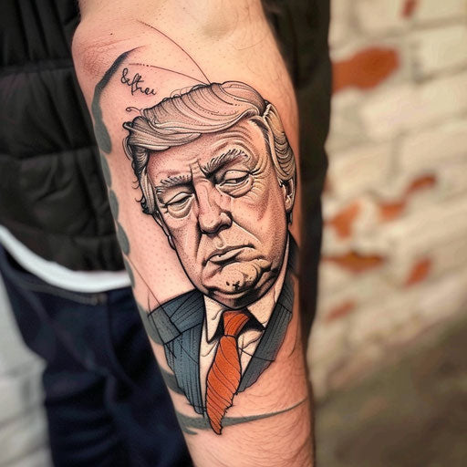 Men's tattoo with political satire, in the style of Steve Sack