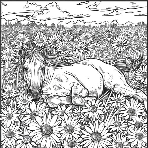 Cheerful pony in a field of daisies