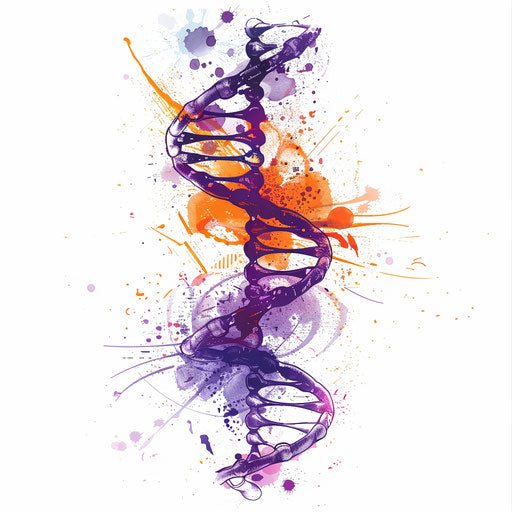 Abstract DNA tattoo sketch with purple and orange watercolor splashes