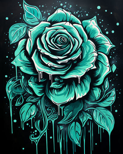 Black rose on green water, chicano-inspired, ink washes