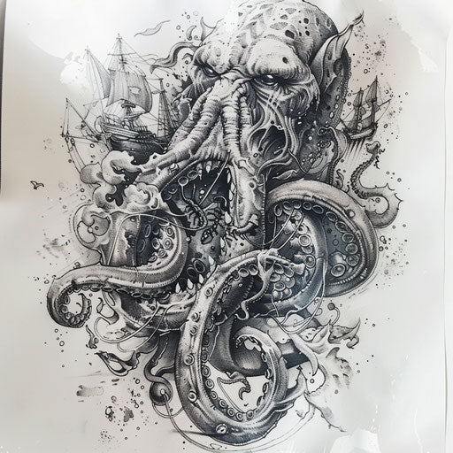 Nautical kraken tattoo artwork, evoking the spirit of the sea with maritime motifs, on white background.