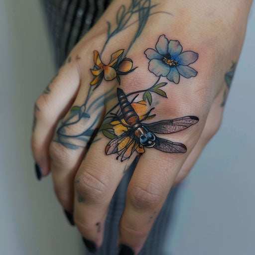 Dragonfly and flower ring tattoo