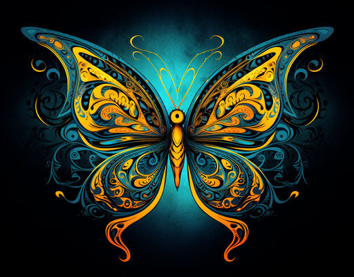Tribal butterfly in dark sky-blue and yellow style