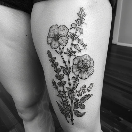 Dotwork wildflower tattoo, black and grey shading