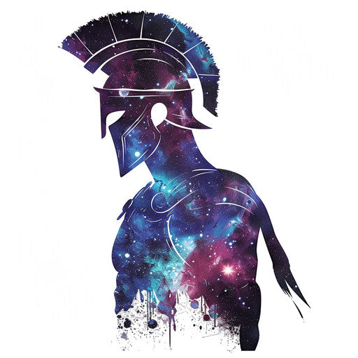 Spartan warrior with galaxy theme in blues and purples