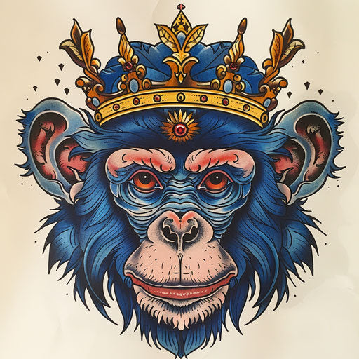 Monkey with a crown, symbolizing royalty, in bold traditional tattoo colors on white background